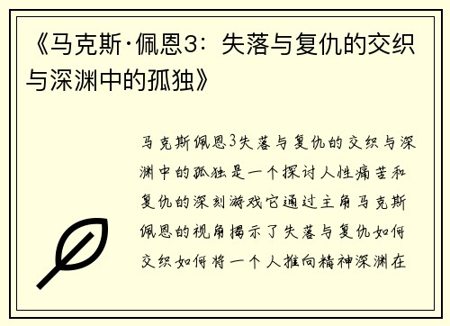 《马克斯·佩恩3：失落与复仇的交织与深渊中的孤独》