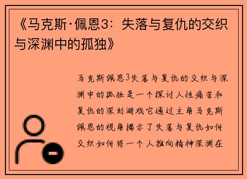 《马克斯·佩恩3：失落与复仇的交织与深渊中的孤独》